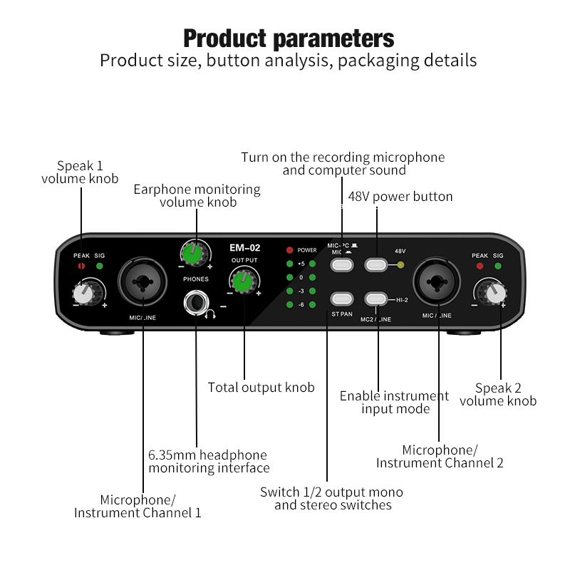 Audio Music Interface - อินเทอร์เฟซเสียงพร้อมไมโครโฟน 48V Preamp 32 บิต/384KHz ความละเอียดเสียงสําหรับกีตาร์ไฟฟ้า
