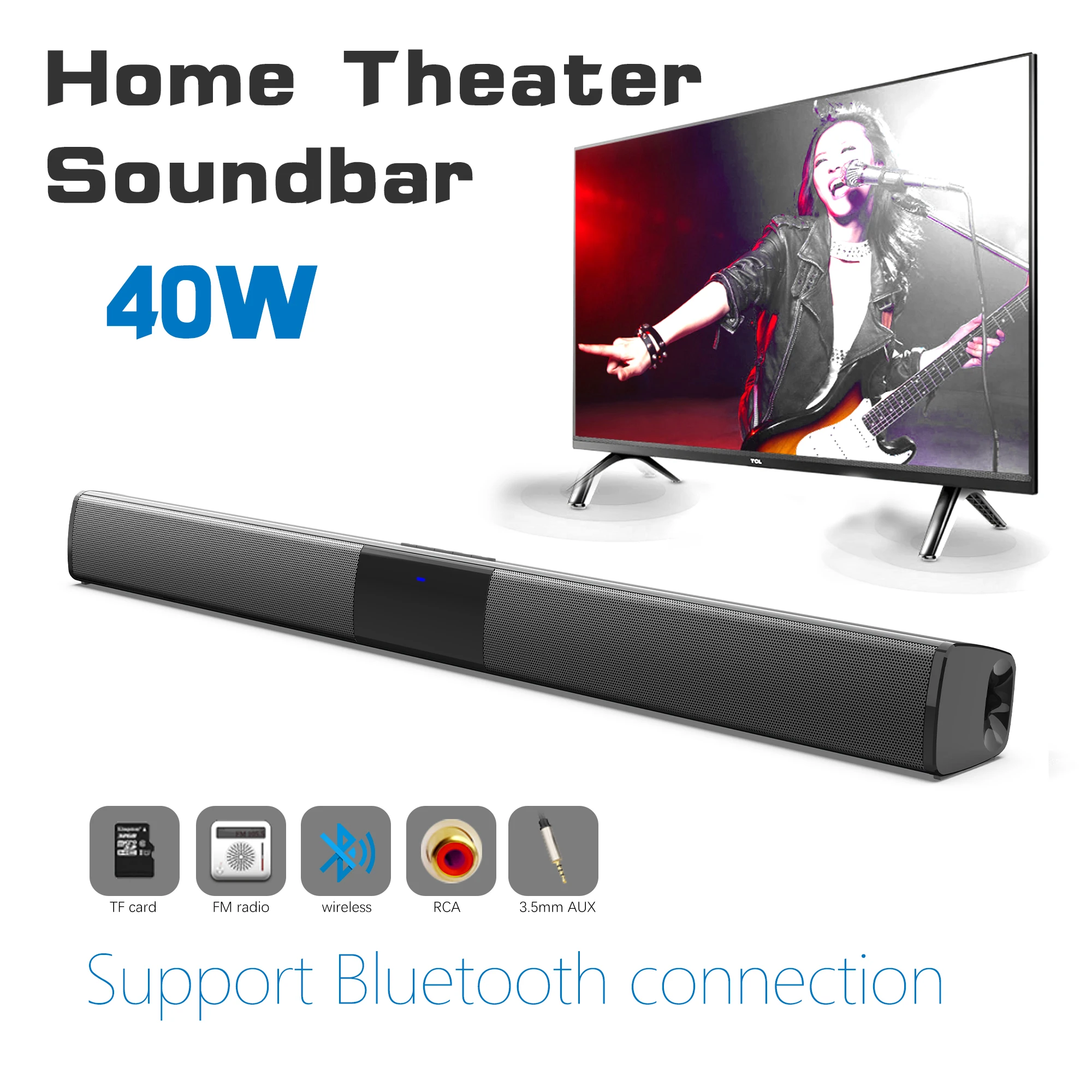 Audio Music System For Home - แถบเสียงพลังสูง40W สำหรับทีวีคอมพิวเตอร์ลำโพงบลูทูธไร้สายระบบเสียงโฮมเธียเตอร์วิทยุเอฟเอ็มซับวูฟเฟอร์กล่อง RCA TF