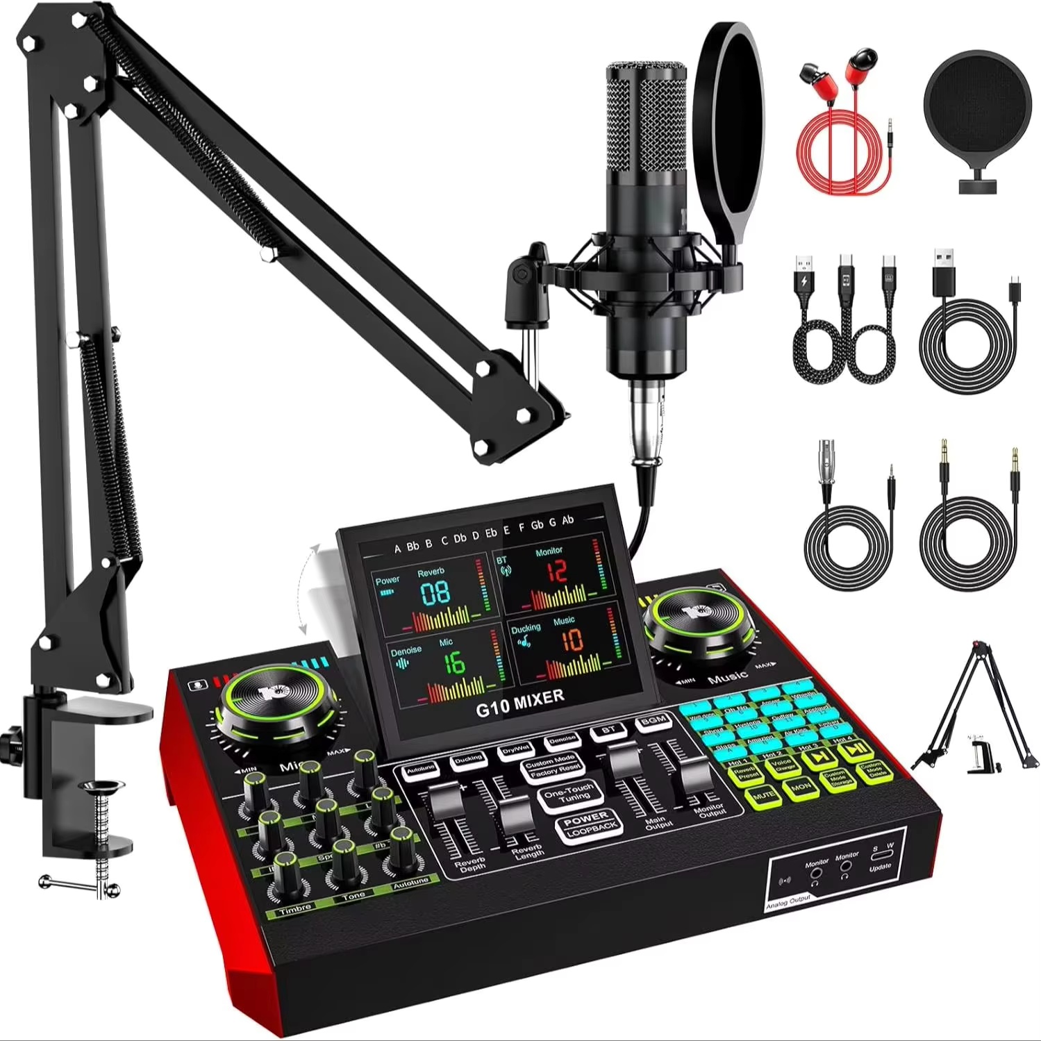 Audio Music Interface - Tenlamp G10 อุปกรณ์มิกเซอร์เสียงสำหรับการสตรีมสดและเกมมิ่ง, อุปกรณ์พอดแคสต์พร้อมไมโครโฟนคอนเดนเซอร์ขนาด 3.5 มม.,