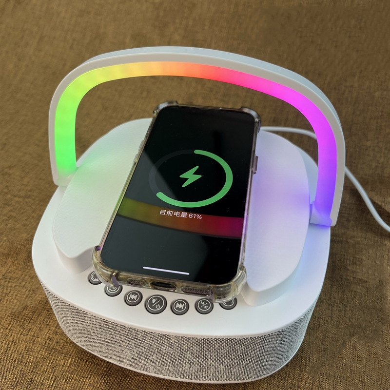 Audio Music Kids - ลำโพงชาร์จไร้สายแบบพกพาบลูทูธ 5.3 15W เอาต์พุตเสียง RGB แสงสร้างบรรยากาศนาฬิกาปลุก